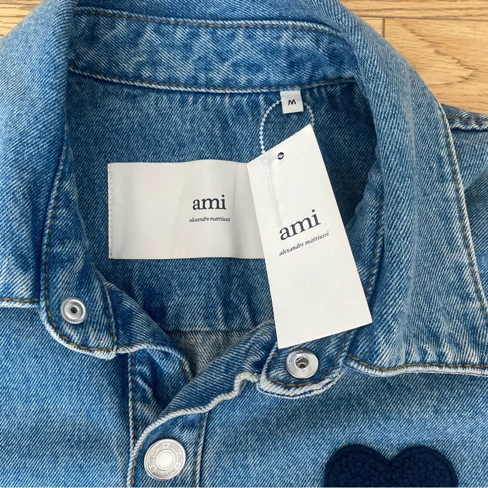 Ami Paris Coeur Denim Overshirt Button Down Shirt Oversized Heart Blue Jean M - Picture 7 of 15